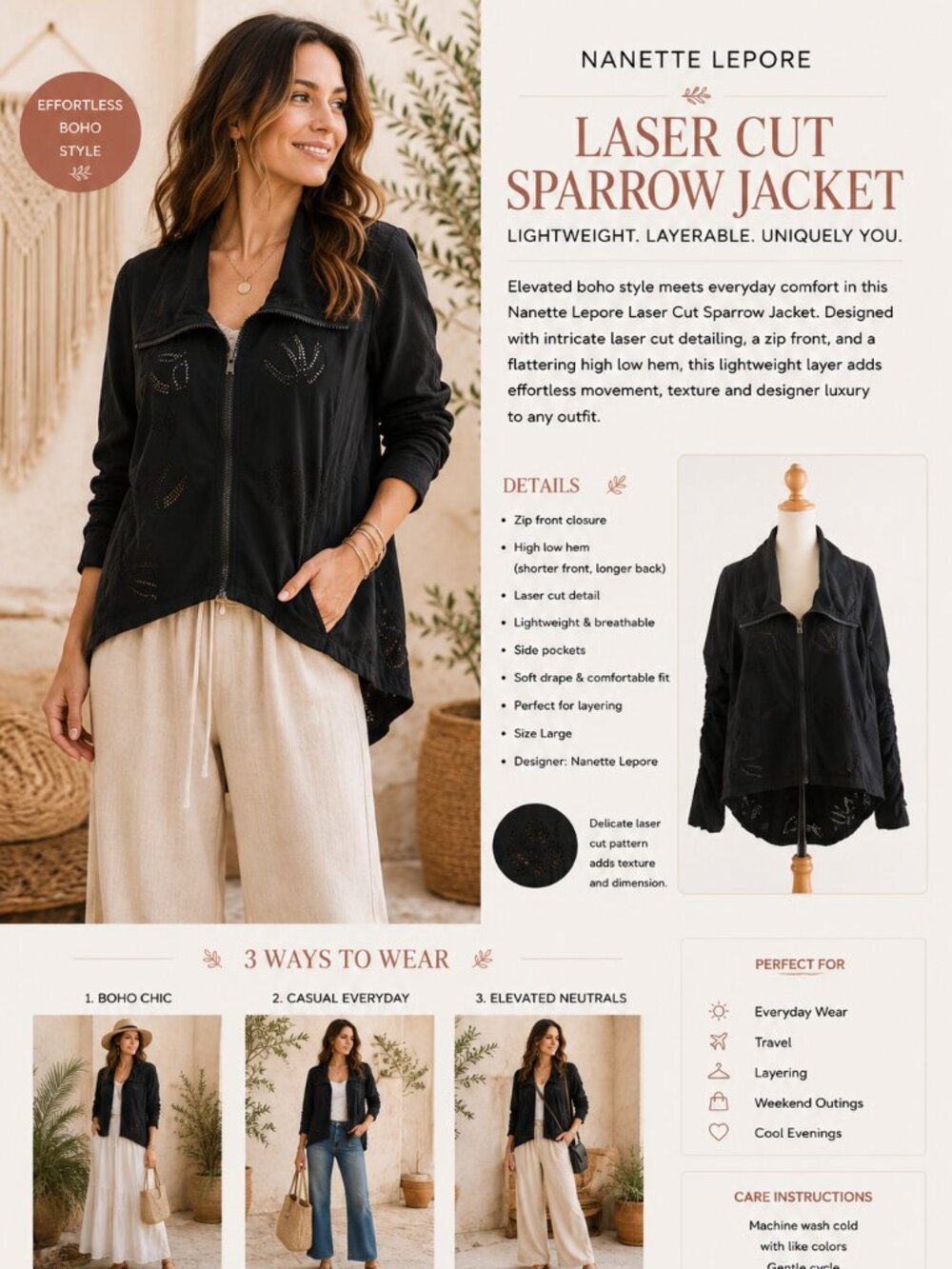 Nanette Lepore Jacket Lazer Cut Sparrow Black Lightweight High Low Full Zip